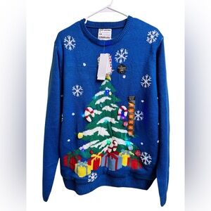 Primark Christmas Sweater XL Blue Tree Candy Cane Light Up Holiday